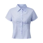 Women Summer Kawaii Solid Shirring Button Up Turn Down Collar Short Sleeve