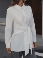 Women's Classic Collar Button-Up Long Sleeve Shirt with Waist-Cinching Belt Elegant Retro Style Adjustable Fit - Image 5