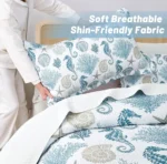 California King Coastal Quilt Set with Seahorse Design, Blue Nautical Bedding for Summer, 106”x118”