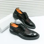 Fashion Derby Leather Men Shoes Summer Breathable White Brogue Lace Up Solid Dress Shoes Business Casual Party Wedding Shoes Men - Image 2