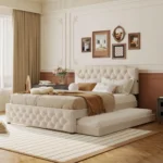 Queen Size Upholstered Platform Bed with Twin Size Trundle and 2 Sets of USB Ports on Each Side,Linen Fabric Bed Frame with Butt
