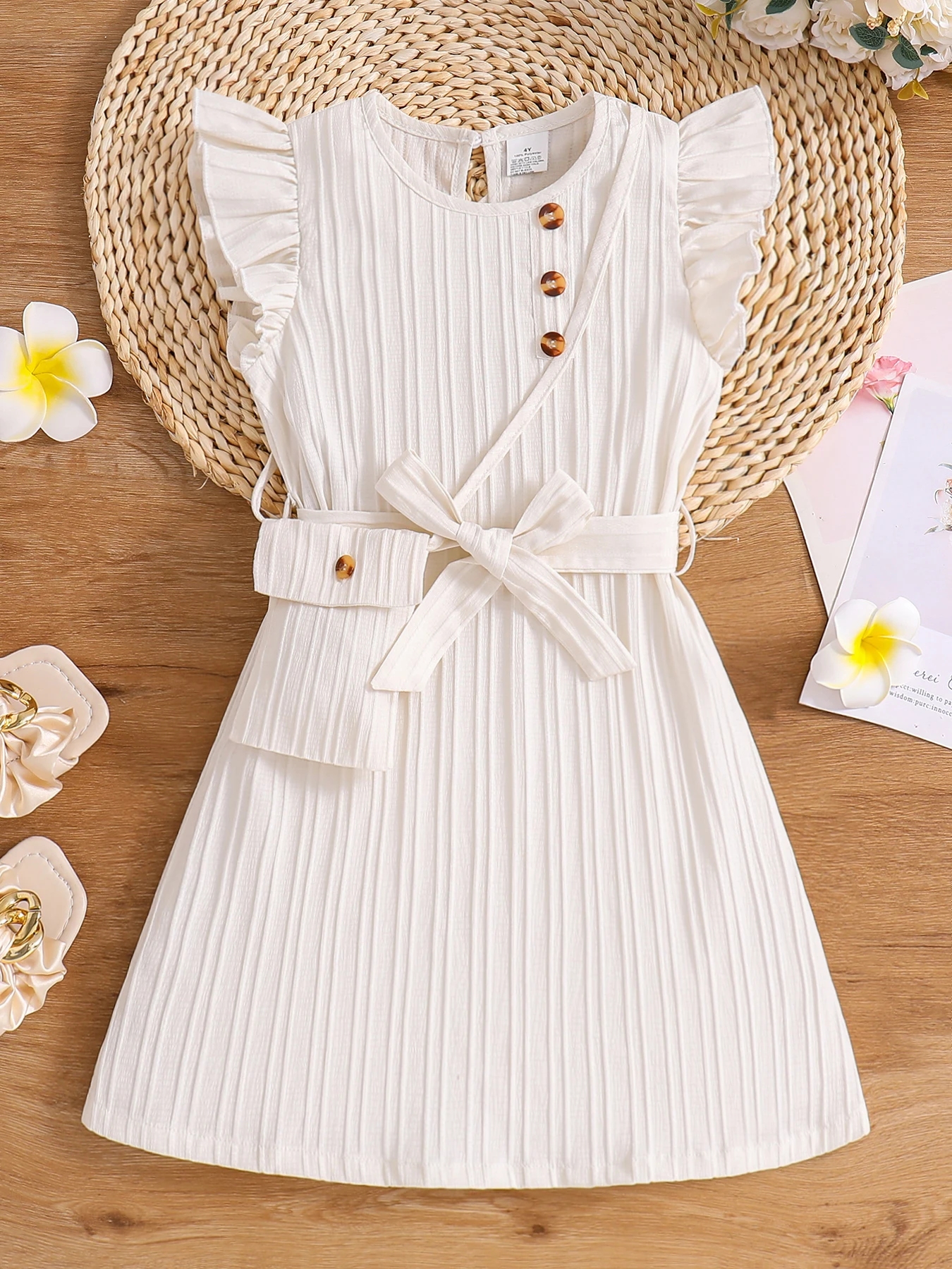 S90501ca9401248c6bbd59ce934b8b53fn.webp Spring and summer girls fashion vacation casual solid color round neck flying sleeve dress summer clothing + small satchel - Image 1