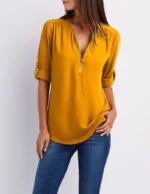 Women Cool Loose Shirt Deep V Neck Chiffon Fashion Blouse Casual Ladies Tops Sexy Zipper Pullover Plus Size