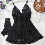 New Blue Contrast Lace Ruffle Trim Lingerie Set Deep V Dress And Thong Women’s Sexy Sleepwear Underwear Hollow Bra Panty Sling