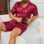 Men's Satin Stripe Print Design Short Sleeve Pajama Set Soft Comfortable Sleepwear for Summer Lightweight Homewear Lougewear