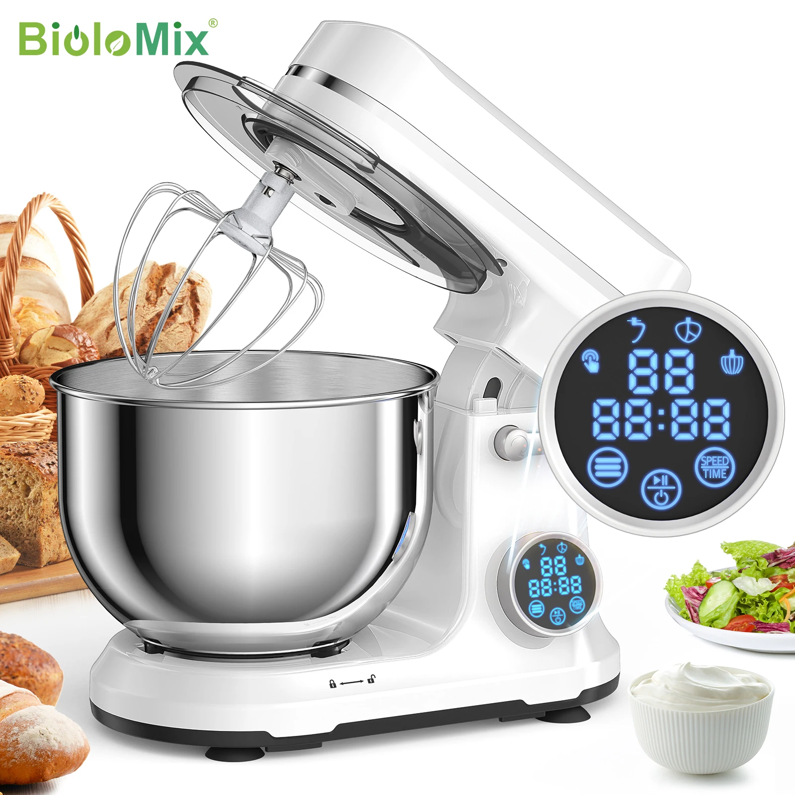 S90c8ffe6e85d4e44a7d8bbb5cf03a994S.webp BioloMix Kitchen Food Stand Mixer, 1200W 11-Speeds DC Motor, Digital OLED Screen, Electric Food Mixer with Dough Hook, Whisk - Image 1