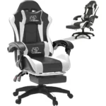 Computer Gaming Chair, Ergonomic Gaming Chair, Leather Office Chairs with Foot Rest, Back Recliner Height Adjustable White+Black