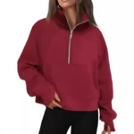 New Women's Spring Autumn Winter Stand Collar Plus Fleece Solid Color Hoodie Long Sleeve Pocket Loose Half Zip Pullover Hoodie - Image 10