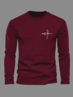 100% pure cotton men's long sleeved round neck loose casual letter cross pattern printed spring and autumn versatile T-shirt top - Image 6