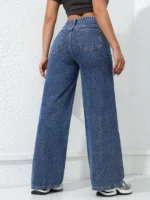 Retro Loose Wide Leg Jeans Fashion Women Solid Straight Wash High Elastic Waist Denim Pants - Image 2