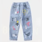 Children Jeans  Boys Cotton Print Splice Stretch Denim Pants Korean Teenage Trousers Wear Kids ClothingDenimRipped Spring Autum