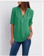 Women Cool Loose Shirt Deep V Neck Chiffon Fashion Blouse Casual Ladies Tops Sexy Zipper Pullover Plus Size