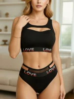Women’s Black LOVE Print Lingerie Set – Cutout Racerback Bralette & Mesh High Waist Panty, 2 Piece Underwear