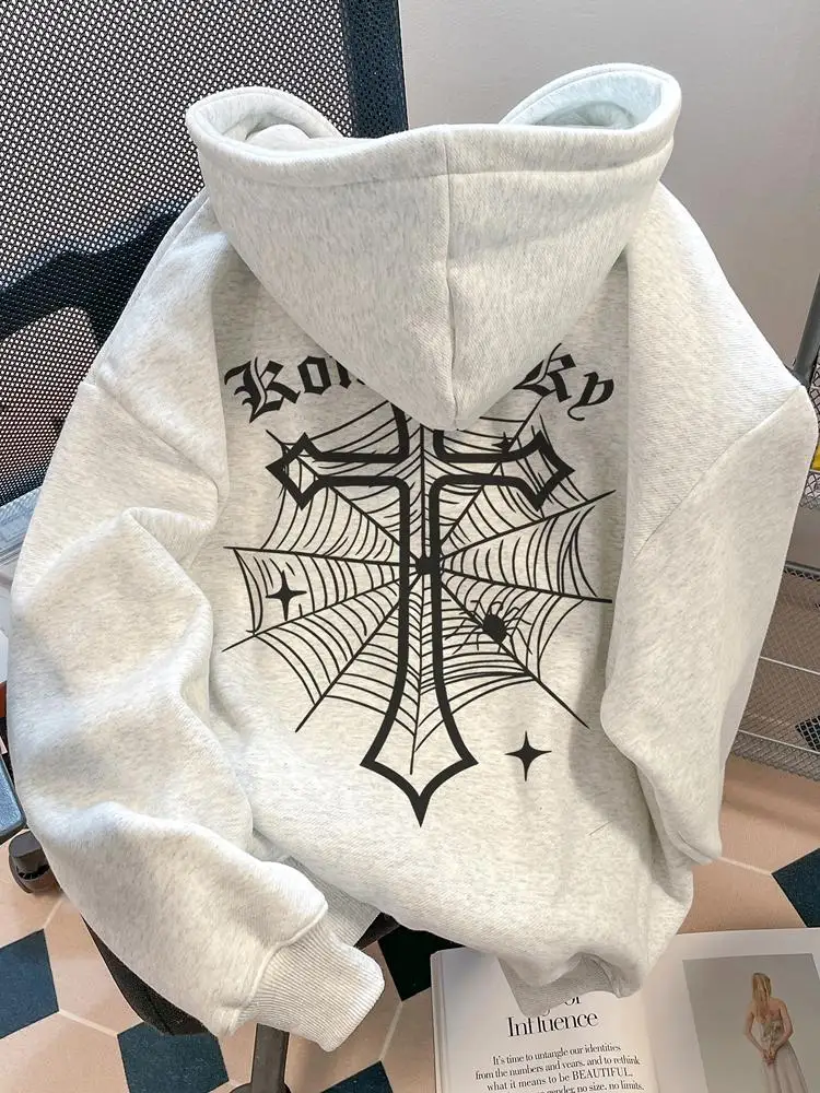 S95269d73f16c44e7a44062b731698e6do.webp European American High Street Spider Cross Autumn Winter Fleece Warm Hooded Sweatshirt Casual Adult Men Versatile Soft Daily Use - Image 1
