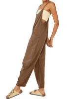 women's pure color patch bag zipper jumpsuit suspenders jumpsuit - Image 6