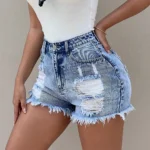 Fashionable and versatile high-waist distressed design denim shorts for 2025 summer. New style, loose-fitting and trendy shorts.