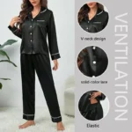 Spring Autumn Silk Pajamas Set for Women Casual Soft Nightwear Tops and Pants Solid Buttons Cardigan Sleepwear Homewear - Image 3