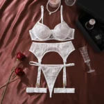 AVELINE New 4-piece Women’s Flower Embroidery Lingerie Set Pure Color Mesh Sheer Panty Set