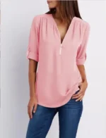 Women Cool Loose Shirt Deep V Neck Chiffon Fashion Blouse Casual Ladies Tops Sexy Zipper Pullover Plus Size