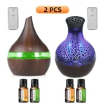 2 PCS 300ml Wood Grain Ultrasonic Humidifier & Essential Oil Diffuser Set with 7 Color LED Lights, Auto Shut-Off + 4 Aromatherap - Image 9