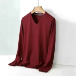 Men's Camel V-neck Long Sleeve Tee Slim Fit Soft Knit Pullover Spring & Autumn Shirt - Image 9