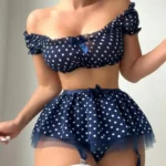 Women’s Erotic  Short Skirt with Garter Straps Sexy Lingerie Women Sexy Polka Dot Off Shoulder Puffy Skirt Polka  Exotic Set