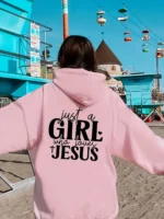 Just a Who Loves Jesus Hooded Pullover with Alphabet Print Long Sleeves Kangaroo Pocket Casual Sweatshirt for Women Minimalist - Image 2