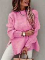Chunky Knit Oversized Sweater With Side Slit And Mock Neck For Women