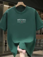 Men’s 100% pure cotton fashionable casual loose Italian style Milan letter printed round neck short sleeved T-shirt top