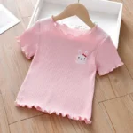 Girls Embroidered Short Sleeve T-Shirt Ice Silk Summer Top with Ruffle Trim Stretchy Soft for Toddler Baby 1-6 Years - Image 3