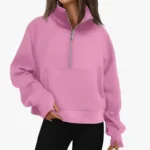 New Women's Spring Autumn Winter Stand Collar Plus Fleece Solid Color Hoodie Long Sleeve Pocket Loose Half Zip Pullover Hoodie - Image 2