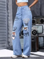 Women's High Waist Button Up Butterfly Print Jeans Fashion Casual Straight Pants for Women - Image 4