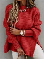 Chunky Knit Oversized Sweater With Side Slit And Mock Neck For Women