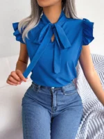 Women's Casual Bow Ruffle Short Sleeve Chiffon Blouse V Neck - Image 5