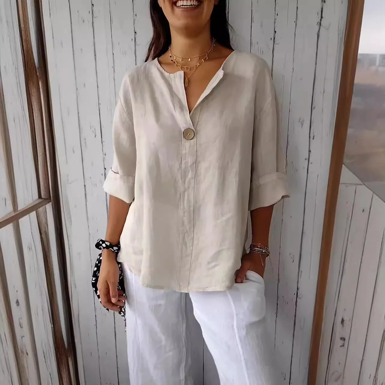 S9e208d5054a5497894d4f248901fcc01v.webp VEITCHE Spring Summer Women’s Shirt Blouses Top V-neck Button Tee Shirts 3/4 Sleeve
