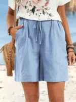 Women's spring and summer linen solid color shorts casual sports women's shorts three-quarter pants with drawstring shorts - Image 11