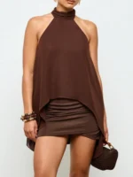 Women's Solid Color Chiffon Sleeveless Top Loose Casual Elegant Off-Shoulder Irregular Hem Flowy Chiffon Blouse