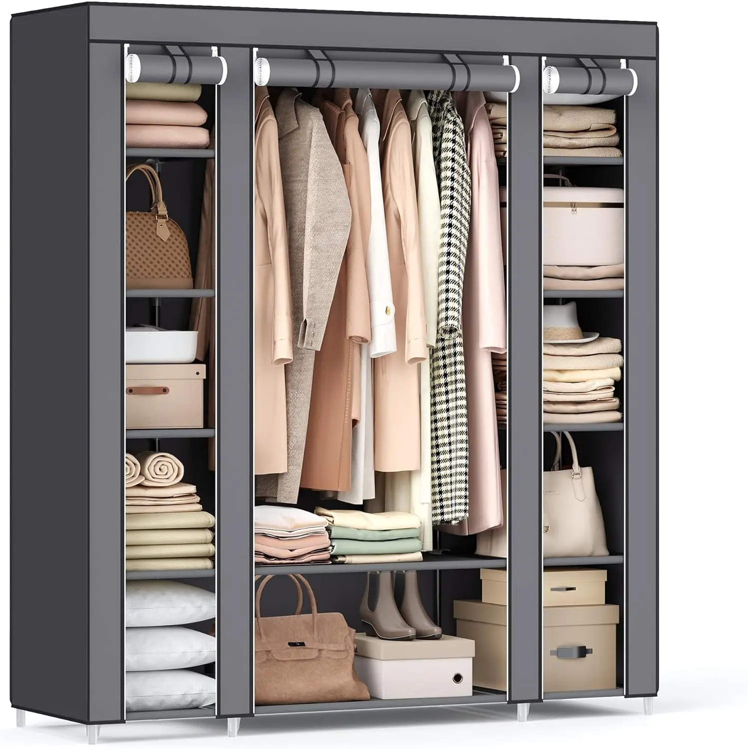 Sa1c6a316f3b0465a98030f9a0dbffa0bX.webp Portable Closet Wardrobe with Non-Woven Cover, 59×17.7×69 Inches, 12 Shelves, Gray for Bedroom Storage
