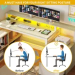 65″ L-Shaped Corner Desk with Drawers, Power Outlets & LED Lights, White Oak Home Office Computer Desk with Storage Shelves