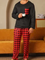 Two piece sets men’s pajamas autumn and winter long sleeved pants checkered sleepwear set