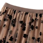 Elegant Floral Women Tulle Skirts High Waist Flocking Pleated Midi Skirts Mesh Summer - Image 4