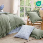 Queen Comforter Set – 7 Pieces Ruffle Sage Green Bedding, Shabby Chic Farmhouse Style with Floral Sheets & Pillowcases