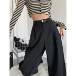 Elegant Gray Suits Pants for Women Office Lady High Waist Wide Leg Fashion Trousers with Pockets Black Pants - Image 4