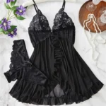 New Blue Contrast Lace Ruffle Trim Lingerie Set Deep V Dress And Thong Women’s Sexy Sleepwear Underwear Hollow Bra Panty Sling