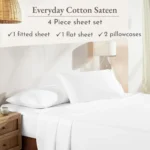 Queen Size Cotton Sheets Set with Deep Pockets, Soft Sateen Weave, Breathable and Durable Bedding in White