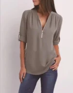 Women Cool Loose Shirt Deep V Neck Chiffon Fashion Blouse Casual Ladies Tops Sexy Zipper Pullover Plus Size