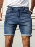 Men’s summer denim shorts, with a blue retro texture. The style is simple, casual, and street-style.