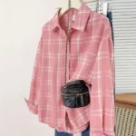 Long Sleeve Pink Plaid Shirt Women's Autumn Summer Lazy Slimming Casual Versatile Outerwear Top