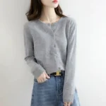 Women's round neck loose fitting slimming cardigan sweater, spring and autumn knitted cardigan, solid color versatile top - Image 9