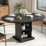 59 Inch Extendable Round Dining Table for 4-6-8 Dining Room Kitchen Table with Storage Fluted Wood Slide Door Customized